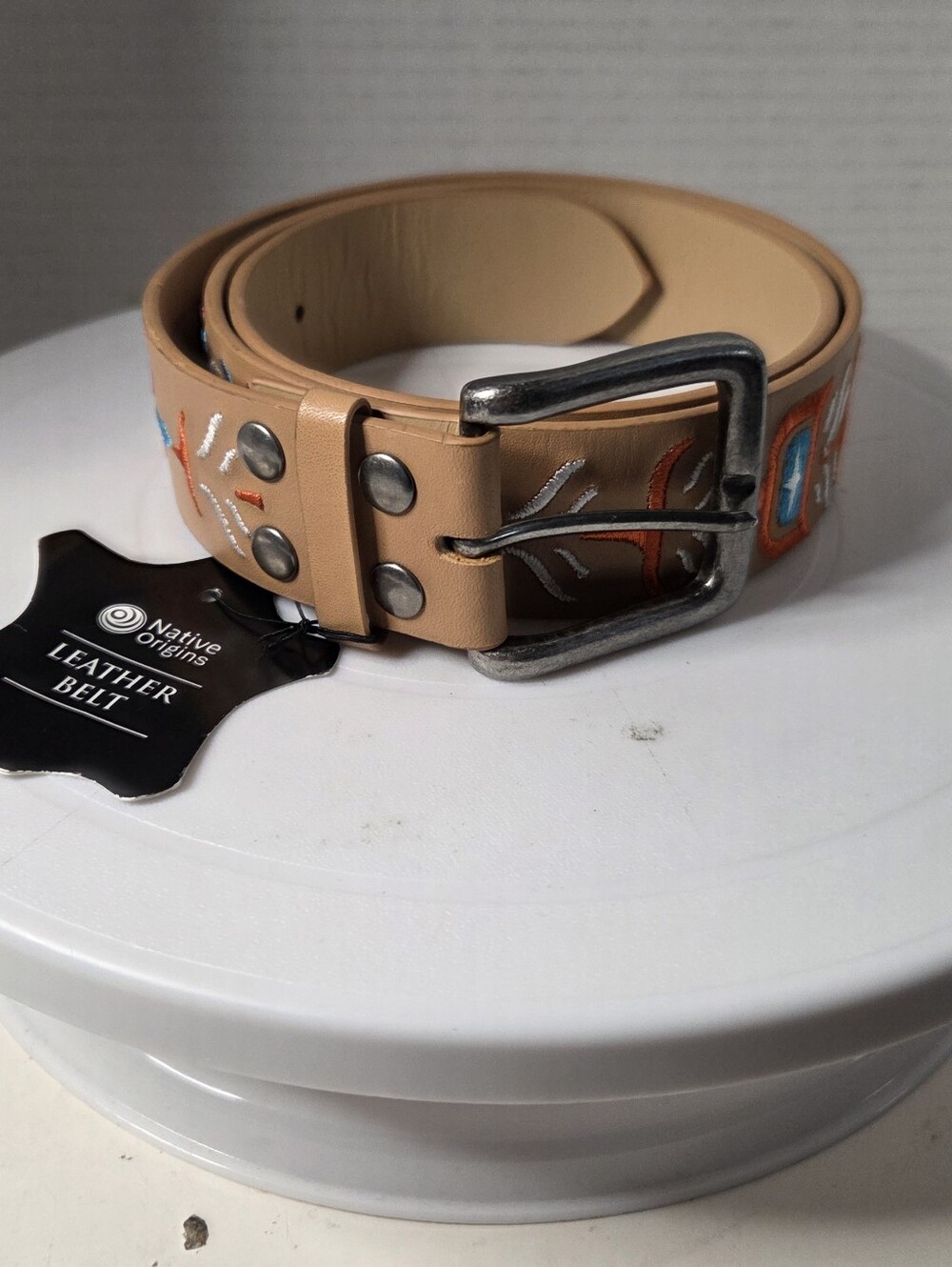 Native Origins NWT Feather Simone Diamond Leather Embroidered Tan Belt Size M